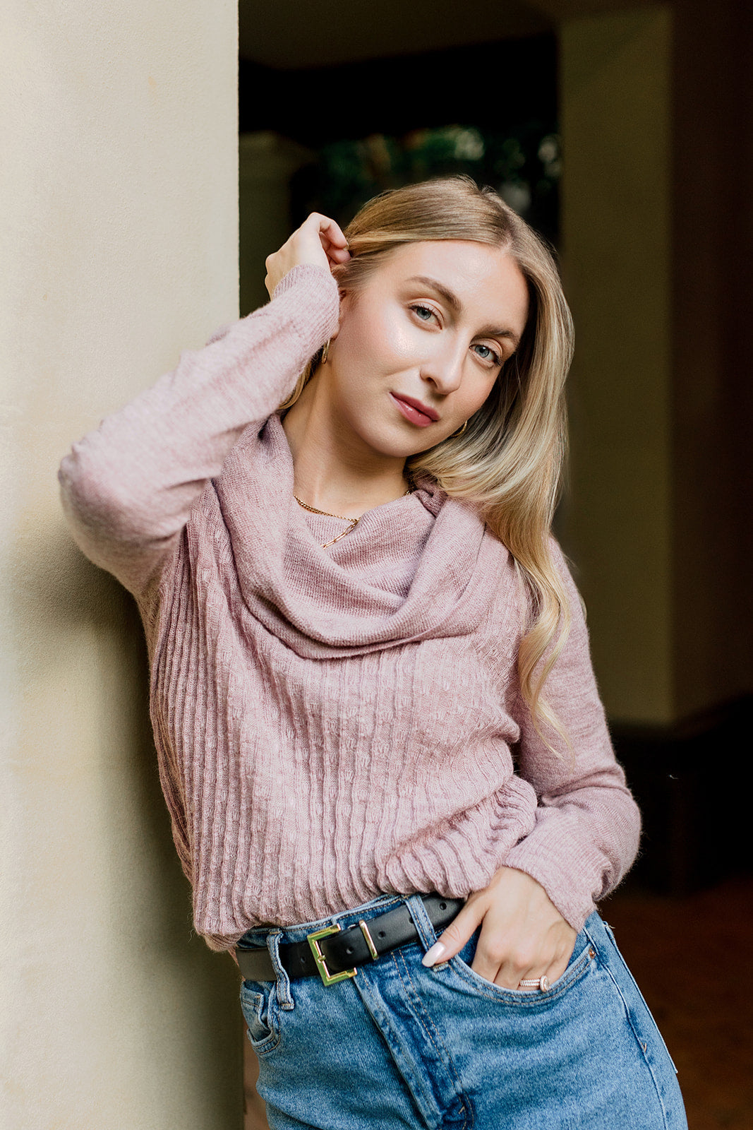 Dusty Rosewood Cascade Turtleneck Lightweight Sweater