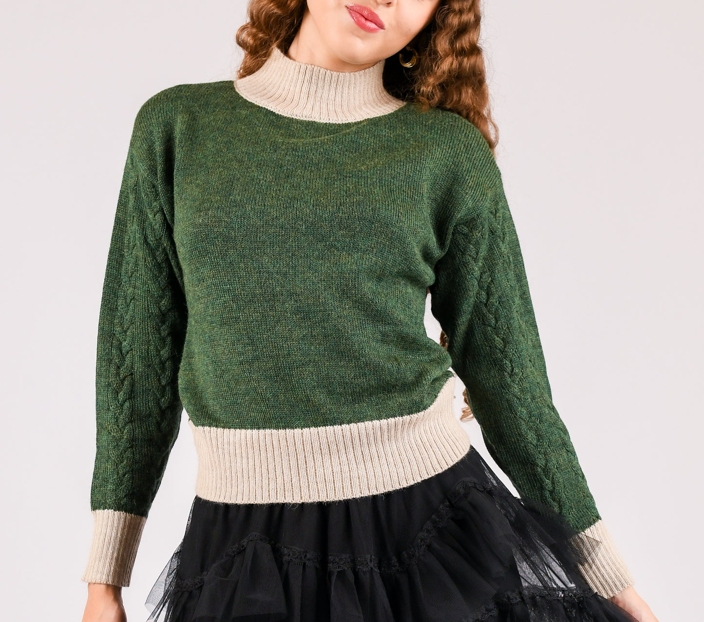 Olive Drift Braided Turtleneck Lightweight Sweater